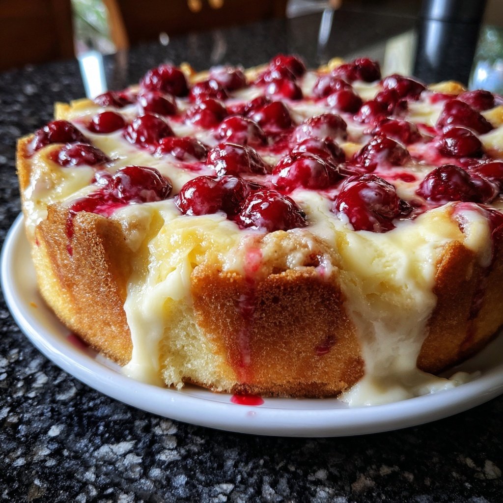 Blechkuchen mit Kirschen und Pudding